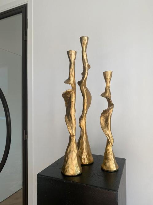 Set Van Drie Kandelaar Ozy Aluminium Goud, Huis en Inrichting, Woonaccessoires | Kandelaars en Kaarsen, Nieuw, Kandelaar, 50 tot 75 cm