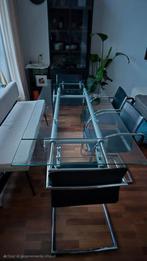 Uitschuifbare glazen tafel., Huis en Inrichting, Tafels | Eettafels, Ophalen, Gebruikt, 50 tot 100 cm, 150 tot 200 cm