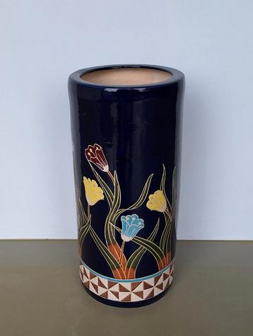 cobalt blauwe paraplubak keramieken vaas met bloemen h= 49cm beschikbaar voor biedingen