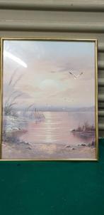 Schilderij / prent van waterlandschap met meeuwen in goudkle, Ophalen of Verzenden