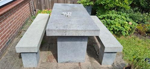 Stenen picknick tuintafel met 2 bankjes, Tuin en Terras, Tuintafels, Gebruikt, Rechthoekig, Ophalen