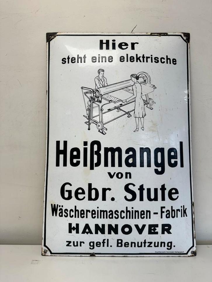 Emaille Reclamebord Heißmangel Gebr. Stute Hannover, Antiek en Kunst, Antiek | Emaille, Ophalen of Verzenden