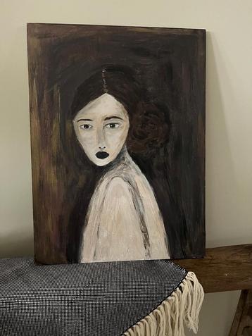 Zelfgemaakt Mysterieus Portret op Hout beschikbaar voor biedingen