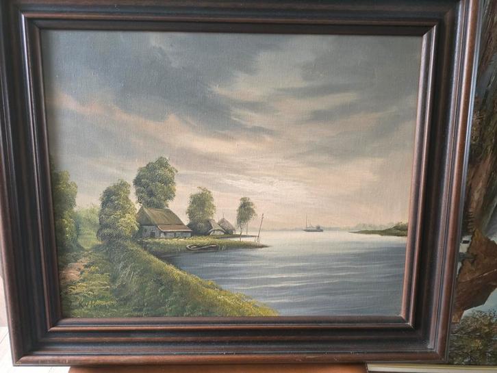 Schilderij: Landschap met water en huis, Antiek en Kunst, Kunst | Schilderijen | Klassiek, Ophalen of Verzenden