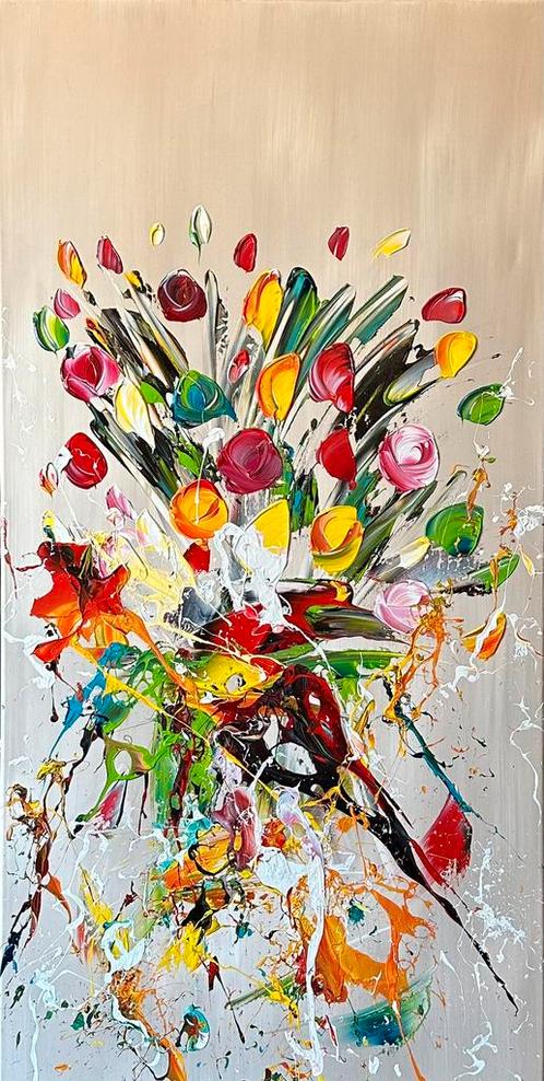 Gena Gennadyj- Bloemen- Handgeschilderd- Uniek, Antiek en Kunst, Kunst | Schilderijen | Abstract, Ophalen of Verzenden