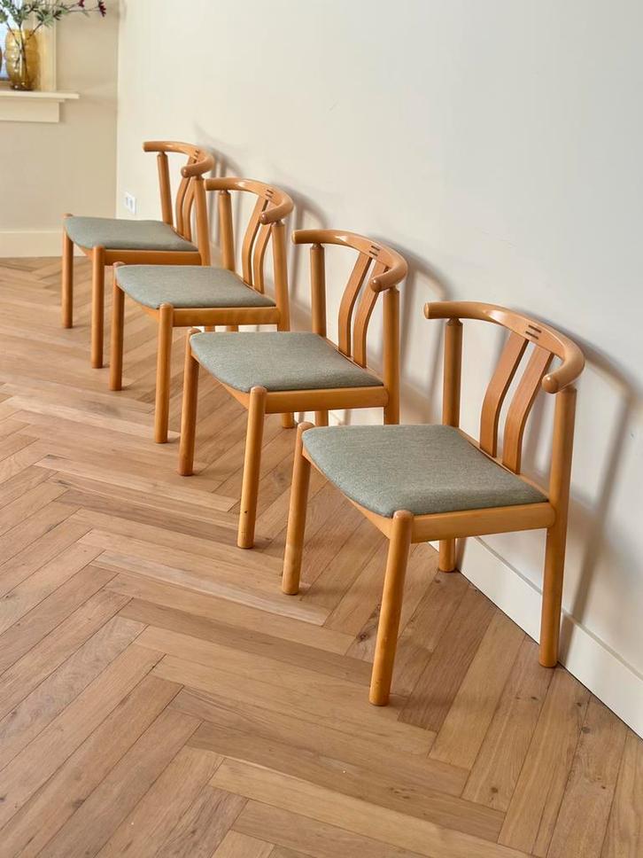 Set 4 vintage eetkamerstoelen Deens design jaren 50/60 hout, Huis en Inrichting, Stoelen, Gebruikt, Vier, Hout, Stof, Overige kleuren