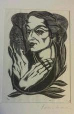 gravure vrouw met gevouwen handen bloem Fons Montens., Antiek en Kunst, Ophalen
