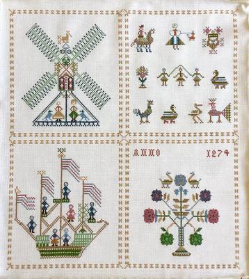 Borduurwerk, zijde, merklap, schip, molen, vintage beschikbaar voor biedingen