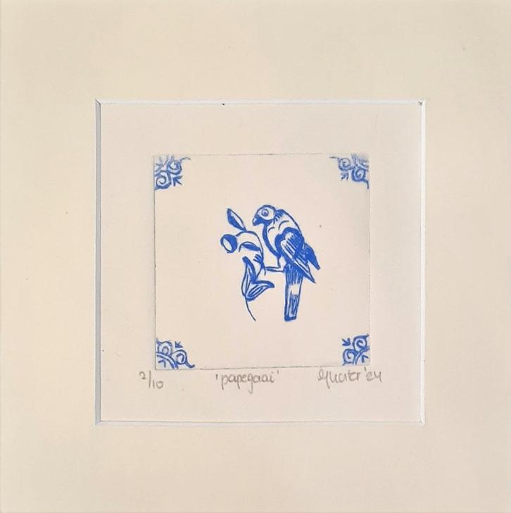 Print papegaai, blauw passe partout 15x15, handgemaakt, Huis en Inrichting, Woonaccessoires | Schilderijen, Tekeningen en Foto's