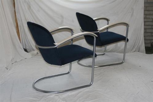 2 Vintage Jaren 50 Gispen 414 Fauteuils Petrol Blue Corduroy, Huis en Inrichting, Fauteuils, Zo goed als nieuw, Metaal, Stof, 50 tot 75 cm
