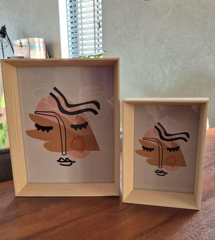 Set van 2 houten fotolijsten met abstracte kunst, Huis en Inrichting, Woonaccessoires | Lijsten, Nieuw, Minder dan 50 cm, Minder dan 50 cm