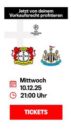 2 tickets Leverkusen-Newcastle United, Tickets en Kaartjes, Losse kaart, Twee personen, December, Europa of Champions League