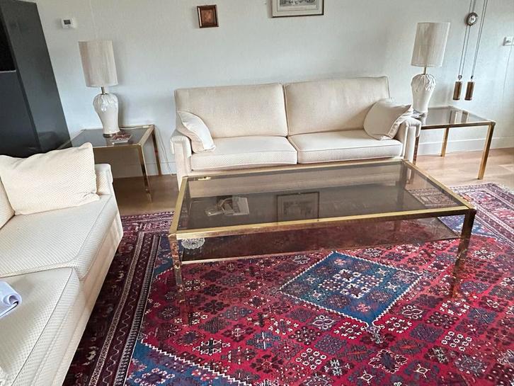 Vintage messing rookglazen salon- en bijzettafels, Huis en Inrichting, Tafels | Salontafels, Gebruikt, 50 tot 75 cm, 50 tot 100 cm