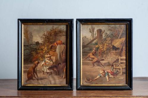 Ingelijste Franse litho's met een kind, hond en kat, Antiek en Kunst, Kunst | Litho's en Zeefdrukken, Verzenden