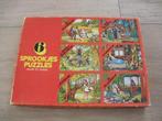 Vintage puzzeldoos met 6 sprookjespuzzels van elk 63 st, Minder dan 500 stukjes, Gebruikt, Ophalen of Verzenden, Legpuzzel
