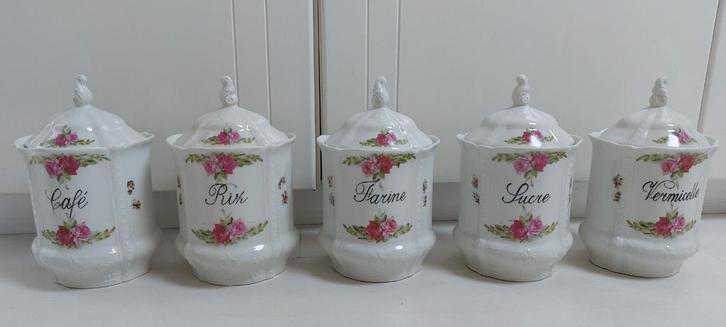 5 Vintage Voorraadpotten met Bloemmotief, Antiek en Kunst, Antiek | Keramiek en Aardewerk, Ophalen of Verzenden