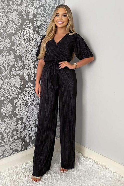 Feversave elegante zwarte jumpsuit plissé 3/4 mouwen maat M, Kleding | Dames, Jumpsuits, Nieuw, Maat 38/40 (M), Zwart, Verzenden