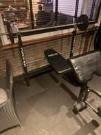 Complete Halterbank Set met 150kg Gewichten, Ophalen, Benen, Krachtstation, Zo goed als nieuw