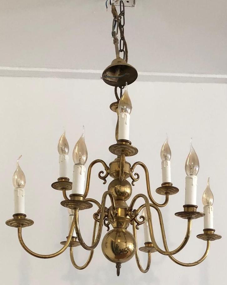 Twee 9-arms messing Kroonluchters, Huis en Inrichting, Lampen | Kroonluchters, Gebruikt, Metaal, Ophalen