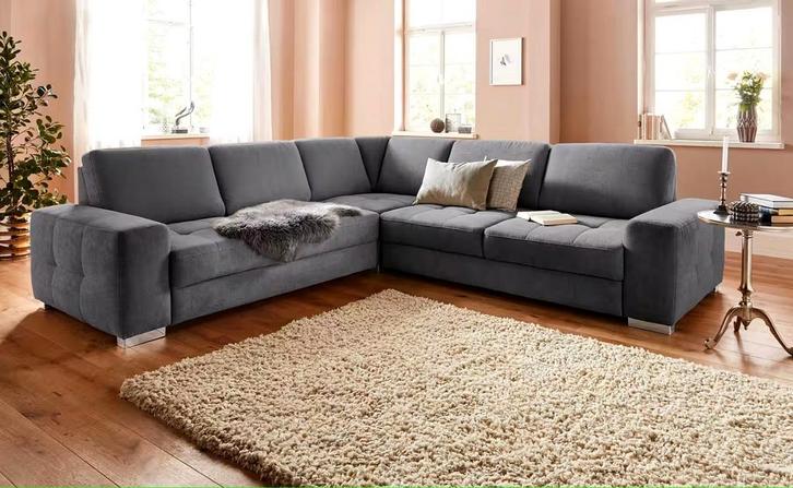 Nieuwe trendy mega hoekbank luxe microvezelstof grijs, Huis en Inrichting, Banken | Bankstellen, Nieuw, Vierpersoons of meer, 150 cm of meer