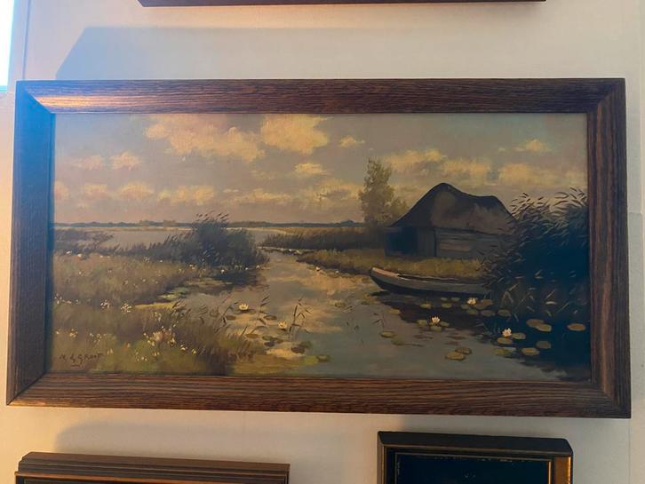 Schilderij: Landschap met boot, Antiek en Kunst, Kunst | Schilderijen | Klassiek, Ophalen of Verzenden