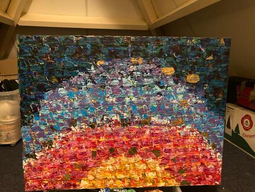 Abstract Schilderij Kleurrijk Olieverf Doek Kunstwerk Decora, Antiek en Kunst, Kunst | Schilderijen | Abstract, Ophalen of Verzenden