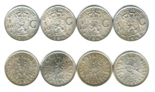 Nederlands Ned Indie 4x 10 cent 1945p Zilver Kavel c-104 jdu, Postzegels en Munten, Munten | Nederland, Setje, 10 cent, Koningin Beatrix