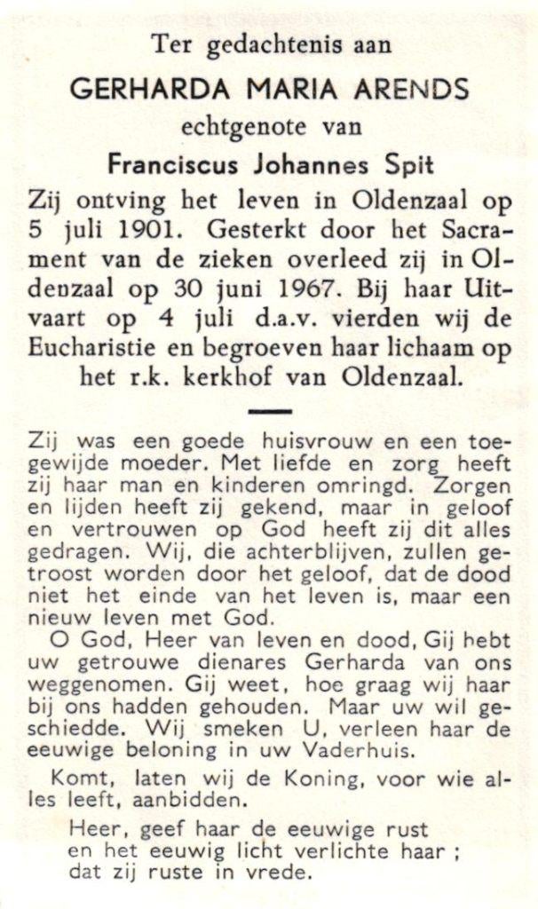 Arends Gerharda Maria 1901-1967 Oldenzaal, Verzamelen, Bidprentjes en Rouwkaarten, Ophalen of Verzenden, Bidprentje