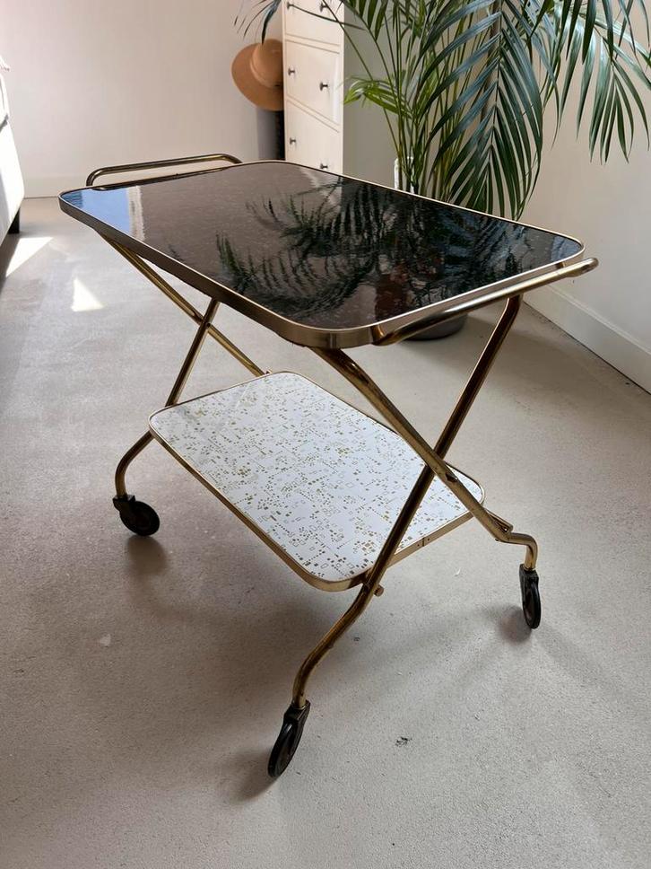 Vintage Hollywood Trolley Bijzettafel messing, Huis en Inrichting, Tafels | Bijzettafels, Gebruikt, Rechthoekig, 60 cm of meer