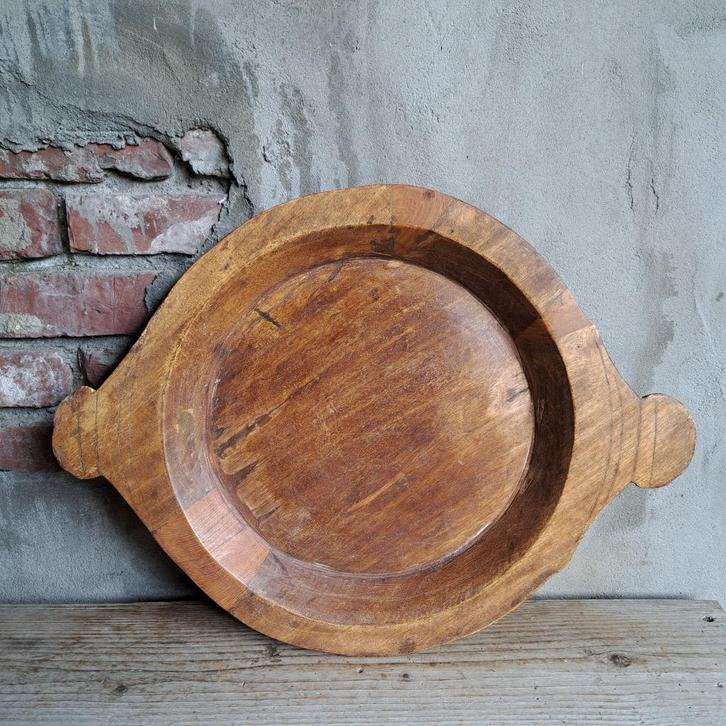 Landelijke houten schaal met 2 oortjes ø 40cm *Etage3*, Huis en Inrichting, Woonaccessoires | Overige, Zo goed als nieuw, Ophalen of Verzenden
