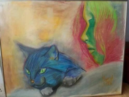 Prachtige Tekening meisje met kat poes gesign. Marcel 1980, Antiek en Kunst, Kunst | Tekeningen en Foto's, Ophalen