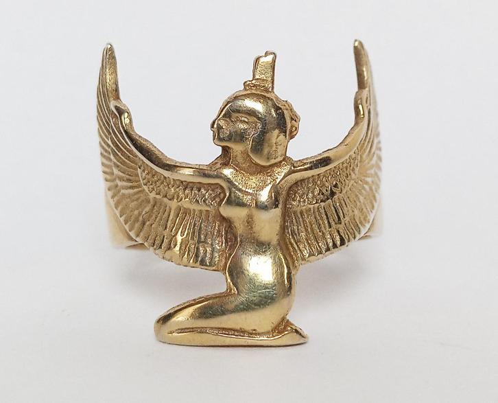 Ring Isis Egyptian Revival goud op zilver mt 20 Godin jr 60, Sieraden, Tassen en Uiterlijk, Ringen, Gebruikt, Dame of Heer, 19 tot 20
