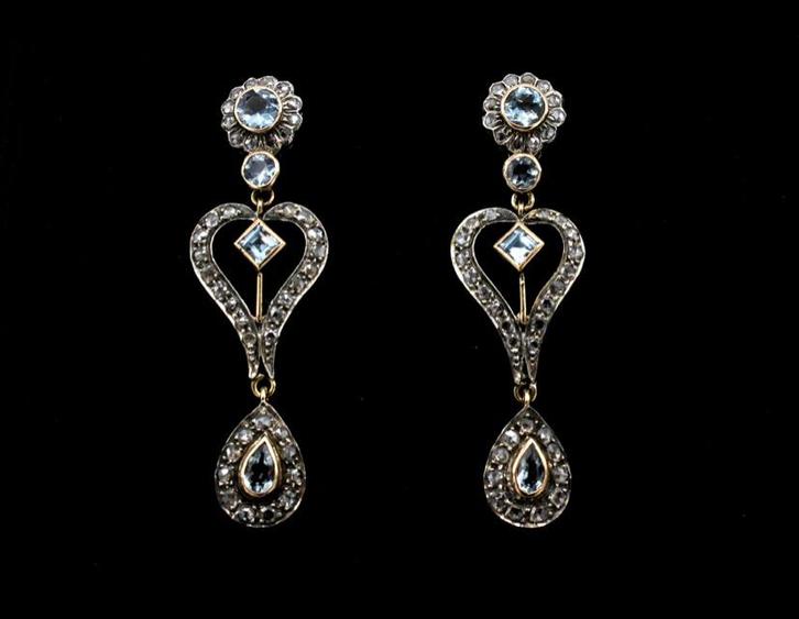 14 kt goud met zilver oorbellen met roosdiamanten aquamarijn, Sieraden, Tassen en Uiterlijk, Antieke sieraden, Oorbellen, Goud