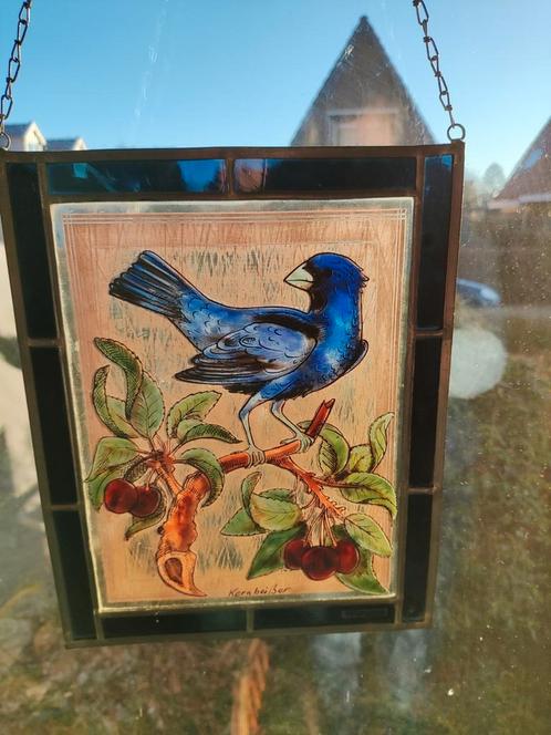 Prachtige glas in lood raamhanger 'Kernbeisser' (Appelvink), Antiek en Kunst, Antiek | Glas en Kristal, Verzenden