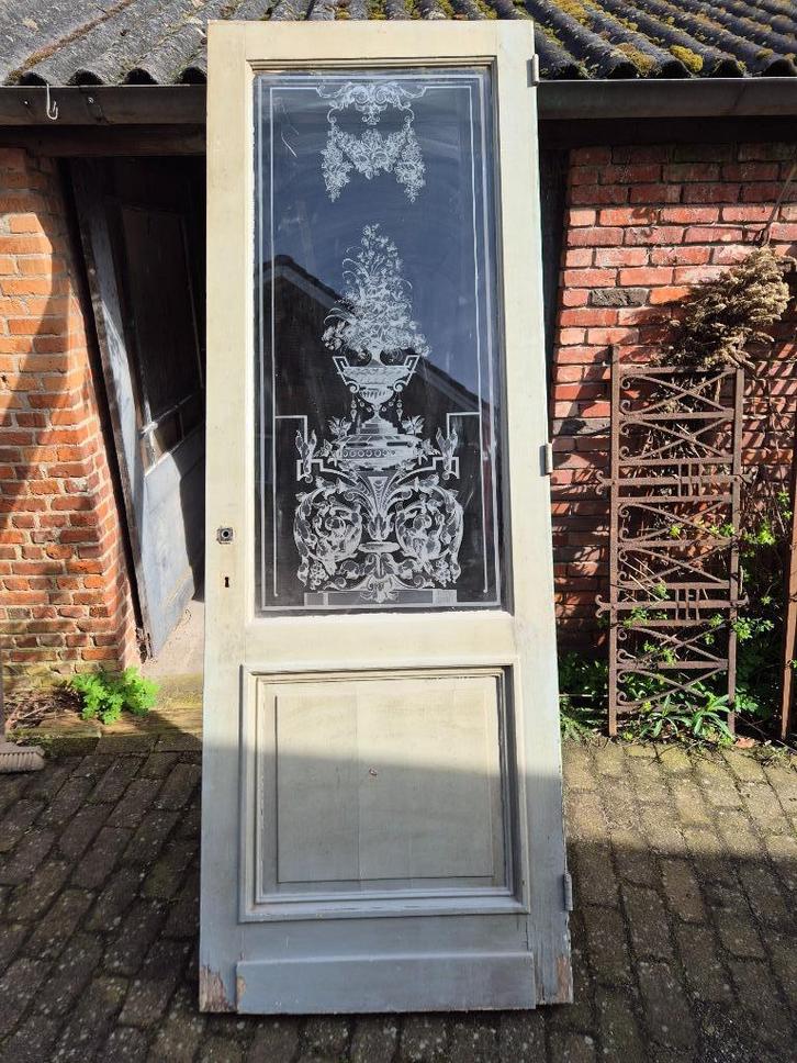 243,5hx85,5br Deur prachtig ge-etst glas (glasmaat 143x62,7), Antiek en Kunst, Antiek | Overige Antiek, Ophalen