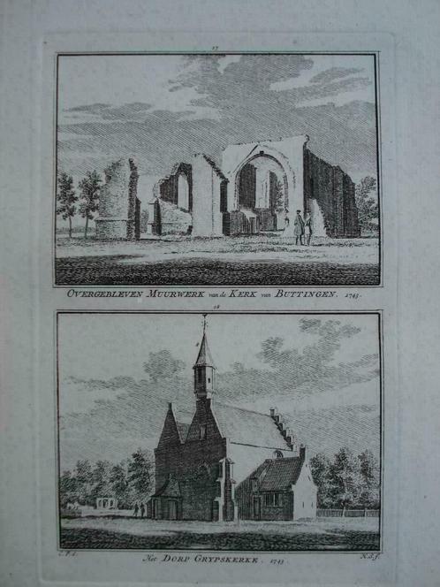 17-18 / Grijpskerke/ Buttingen de Kerk Kopergravure 1754, Antiek en Kunst, Kunst | Etsen en Gravures, Ophalen of Verzenden