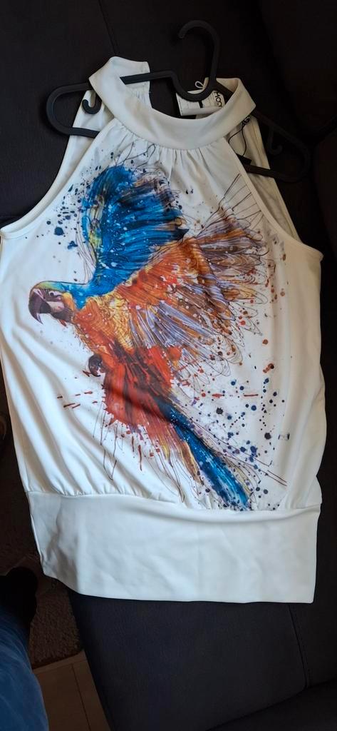 Leuk Zomer Topje met Papegaai Print, Kleding | Dames, Tops, Zo goed als nieuw, Maat 38/40 (M), Wit, Zonder mouw, Ophalen