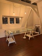 Mooie glazen tafel met wit houten onderstel, Ophalen, Zo goed als nieuw, Vijf personen of meer, 150 tot 200 cm