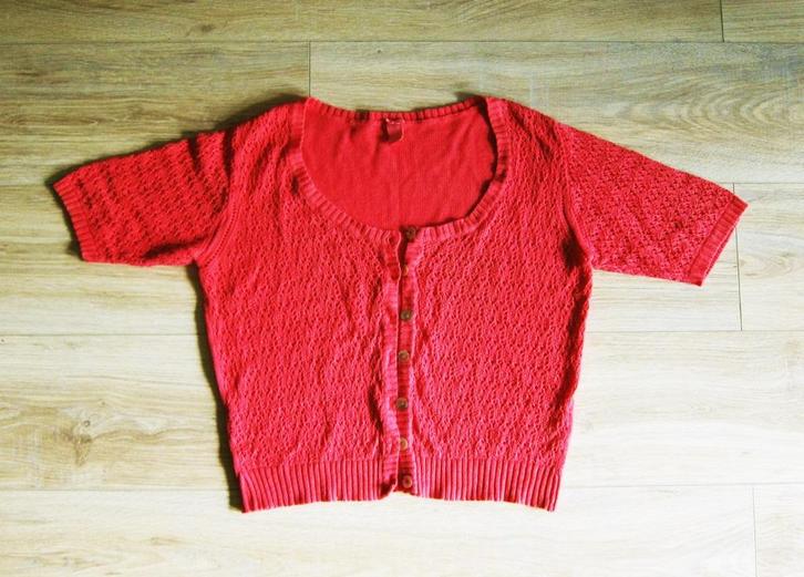 Kort, fel roze ajour vestje maat M van Kyra & Ko, korte mouw, Kleding | Dames, Truien en Vesten, Zo goed als nieuw, Maat 38/40 (M)