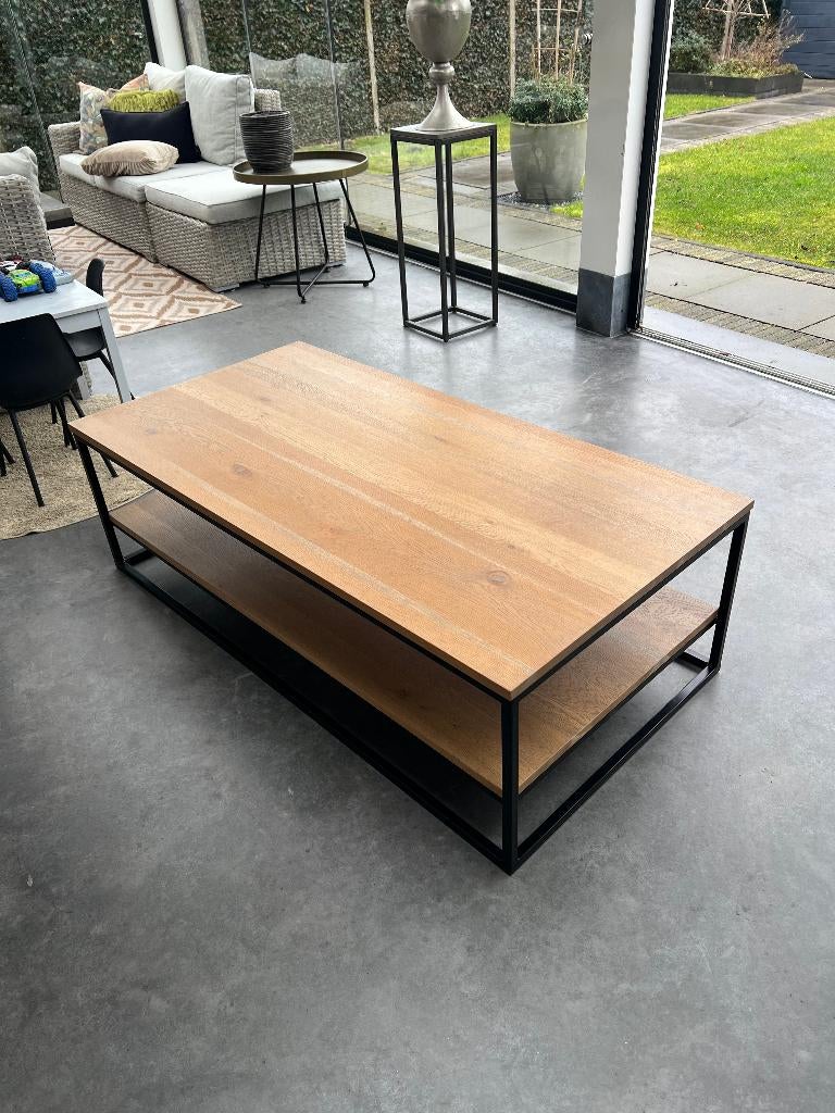 Salontafel eikenhout en zwart staal, Huis en Inrichting, Ophalen, 100 tot 150 cm, Eikenhout, Industrieel / Landelijk