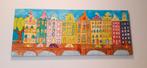 Kleurrijk schilderij van Amsterdamse grachtenpanden, Antiek en Kunst, Kunst | Schilderijen | Klassiek, Ophalen