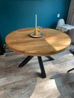 Ronde eettafel mangohout met stalen kruispoot ø130cm, Ophalen, Gebruikt, 100 tot 150 cm, Rond
