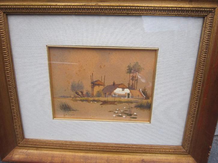 M.de JONGERE,Mooie Aquarel Boerderij, a/h water met Hooiberg, Antiek en Kunst, Kunst | Schilderijen | Klassiek, Ophalen of Verzenden