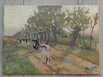 Koeien in boerenlandschap - gesigneerd Heller beschikbaar voor biedingen