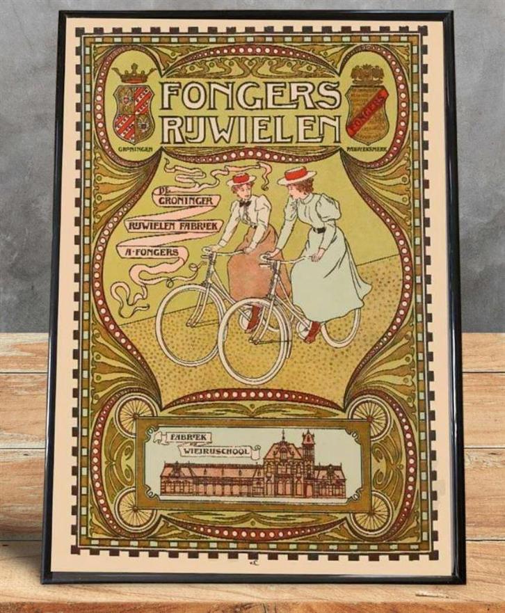 FONGERS Rijwielen Fiets Art Deco Poster in lijst, Verzamelen, Merken en Reclamevoorwerpen, Nieuw, Reclamebord, Verzenden