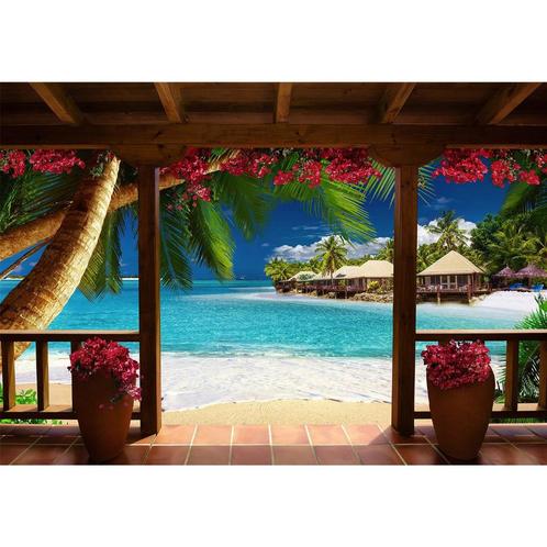 122 Paradijs Blauwe Zee Vlies Fotobehang 350x250 in 3 maten, Huis en Inrichting, Stoffering | Behang, Blauw, Rood, Wit, Zwart
