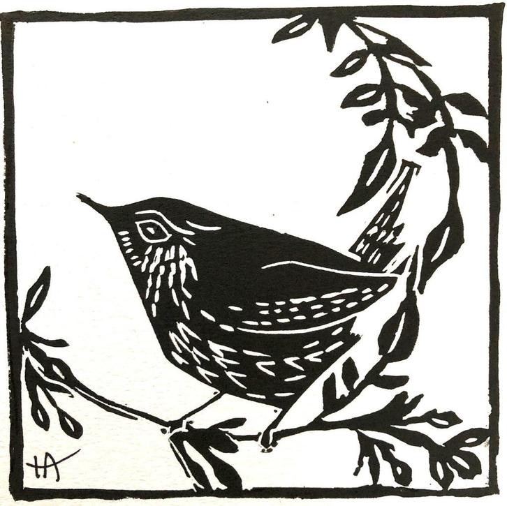 Linodruk Winterkoninkje, Antiek en Kunst, Kunst | Litho's en Zeefdrukken, Ophalen of Verzenden