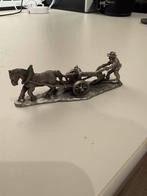 Antiek Tinnen Beeldje: Paard met Wagen en Man, Ophalen of Verzenden