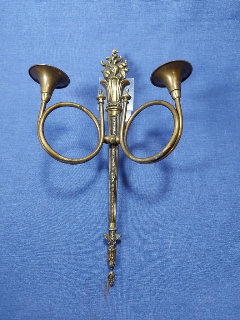 Antieke messing wandkandelaar voor 2 kaarsen, Ophalen of Verzenden, Koper of Brons