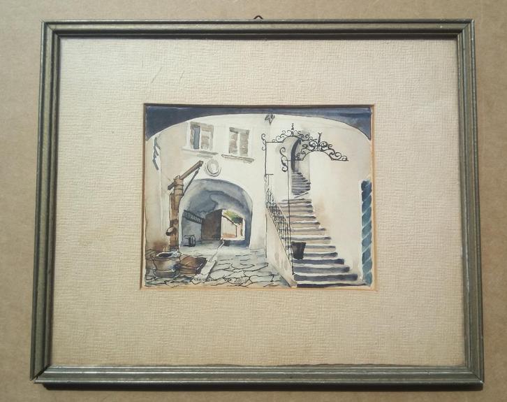 AQUAREL SAVEINE 1949 DW INGELIJST BINNENPLAATS, Antiek en Kunst, Kunst | Schilderijen | Klassiek, Verzenden